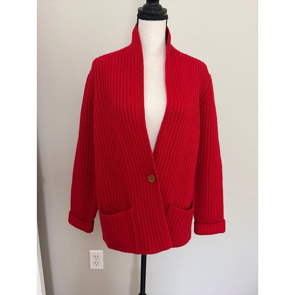 Vintage L.L. BEAN 80s Dark Red 100% Shetland Wool Chunky Cardigan Sweater Size M
